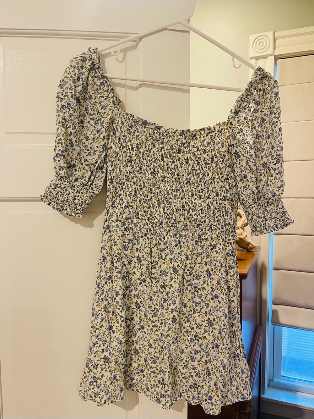Reformation Cream Mini Dress with Blue Floral Print
